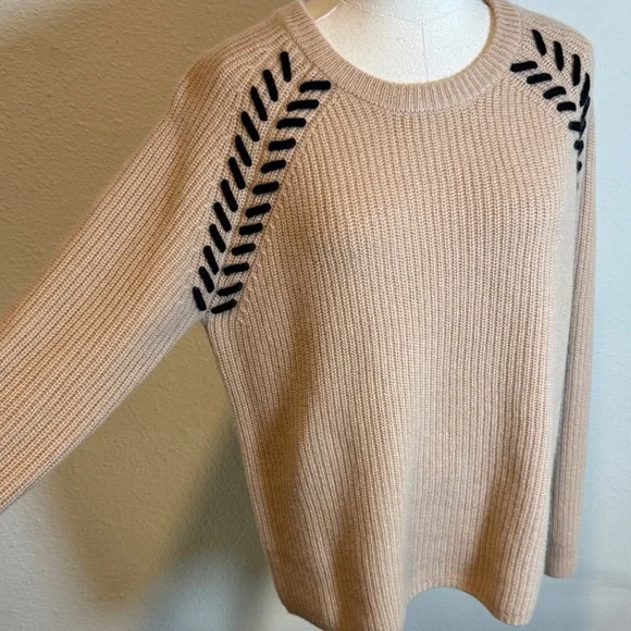 The Cashmere Project Tan Crew Neck Sweater with Black Stitch Accents size Large - Picture 3 of 13
